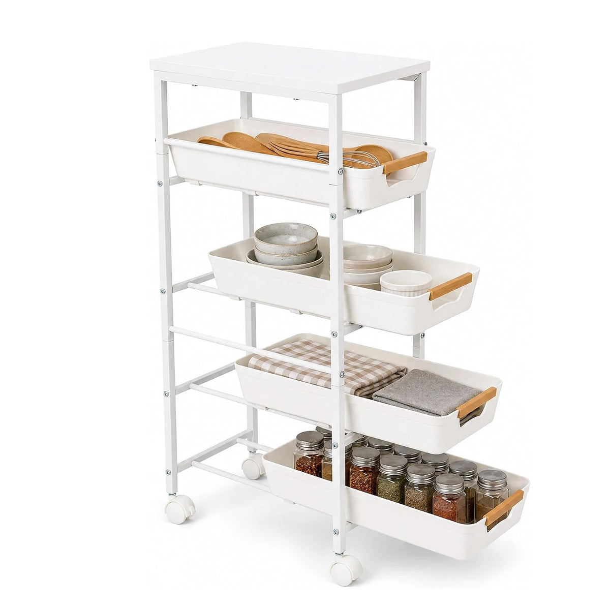 HiMISS Rolling Storage Cart With Wooden Top Pullout Baskets