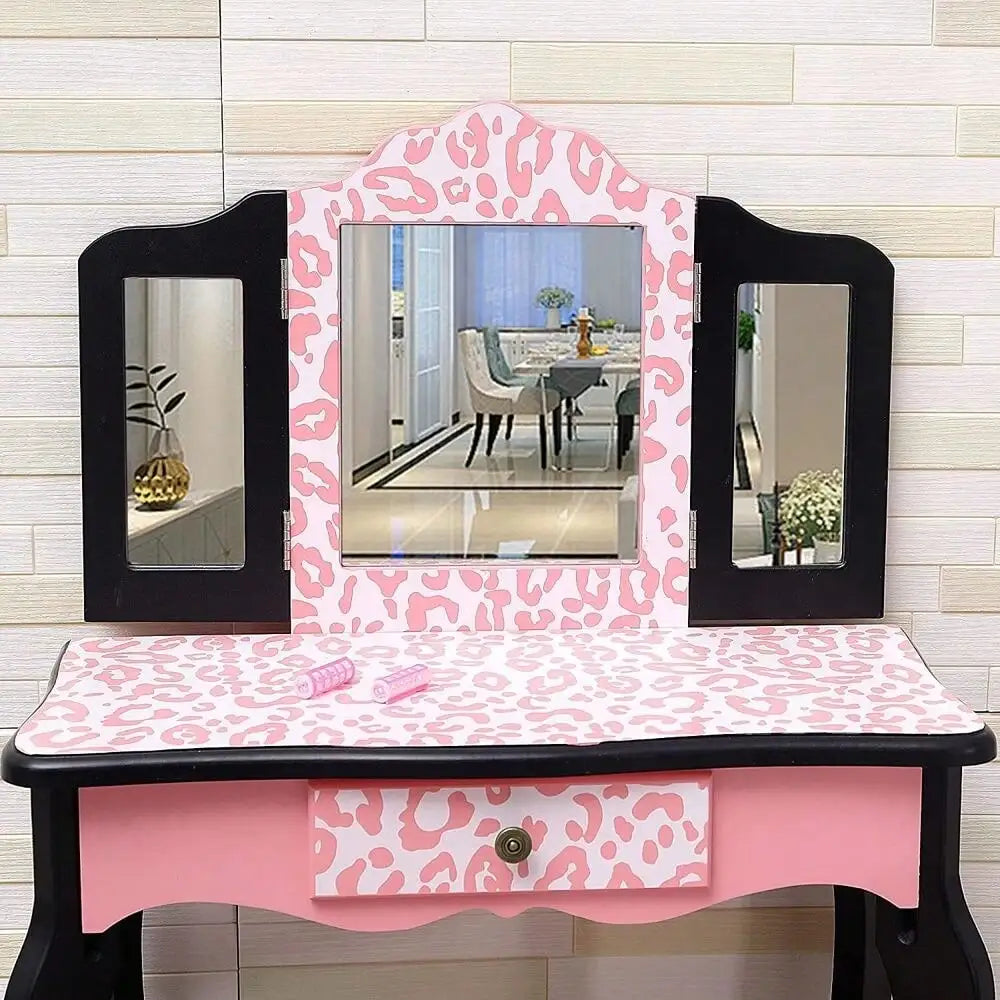 Pretend Play Vanity Table and Chair Set with Tri-Folding Mirror and Storage