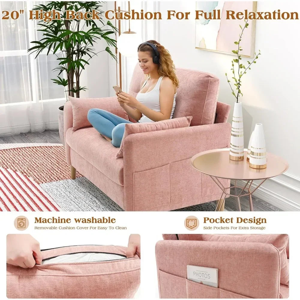 47 Inch Small Chenille Fabric Love Seat Sofa with Throw Pillow for Living Room
