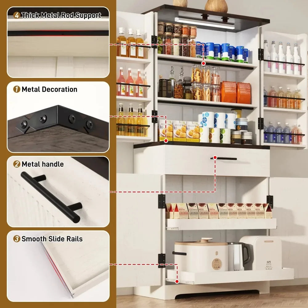 71 Inch Tall Fluted Kitchen Pantry Cabinet with LED Light and Ample Storage