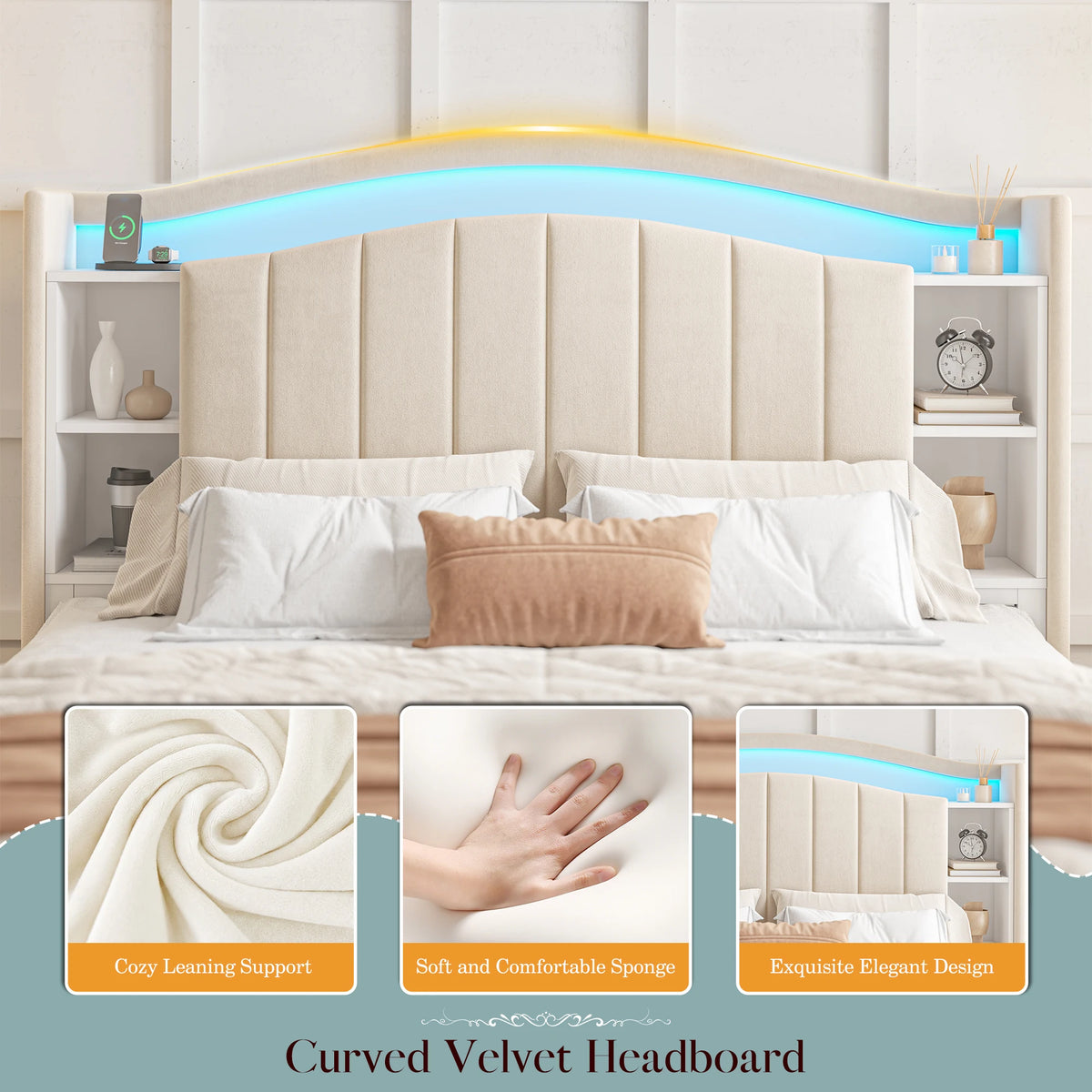 EnHomee Platform Bed Frame With Bookcase Headboard And Storage