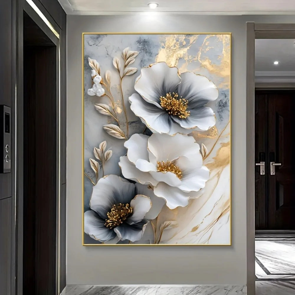 Modern Luxury Framed 3D Floral Canvas Mural for Bedroom and Living Room Decor