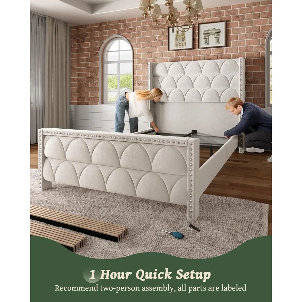 Queen Size Velvet Upholstered Wingback Bed Frame with 56 Inch Headboard