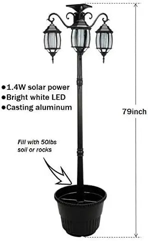 3-Head LED Solar Light Planter Black 6.7 ft Outdoor Garden Decor