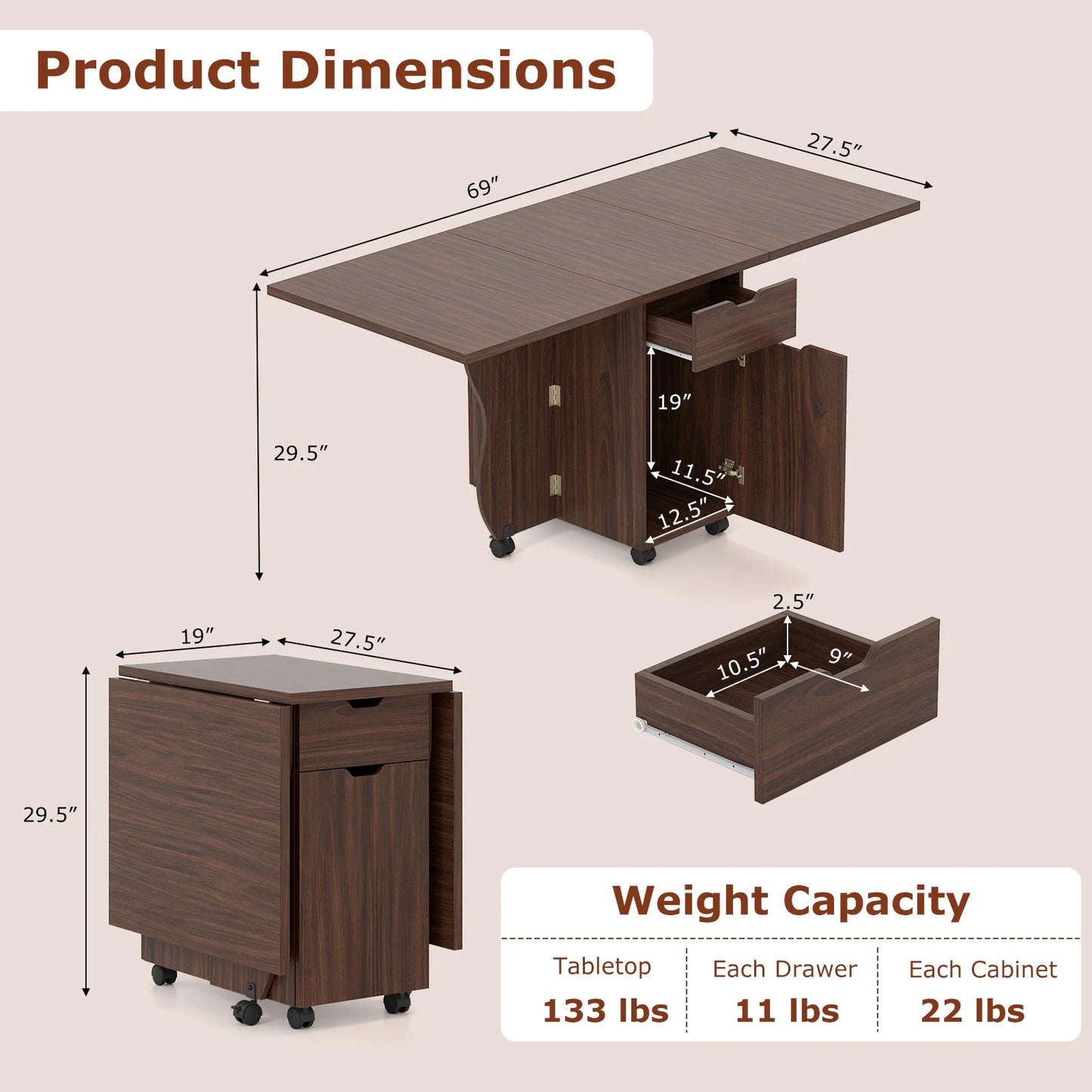 HOMASIS Folding Dining Table With Lockable Wheels And Storage