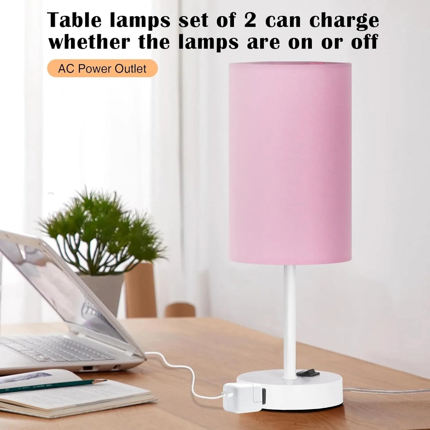 Pink Fabric Shade Nightstand Desk Lamp with White Base for Home Decor