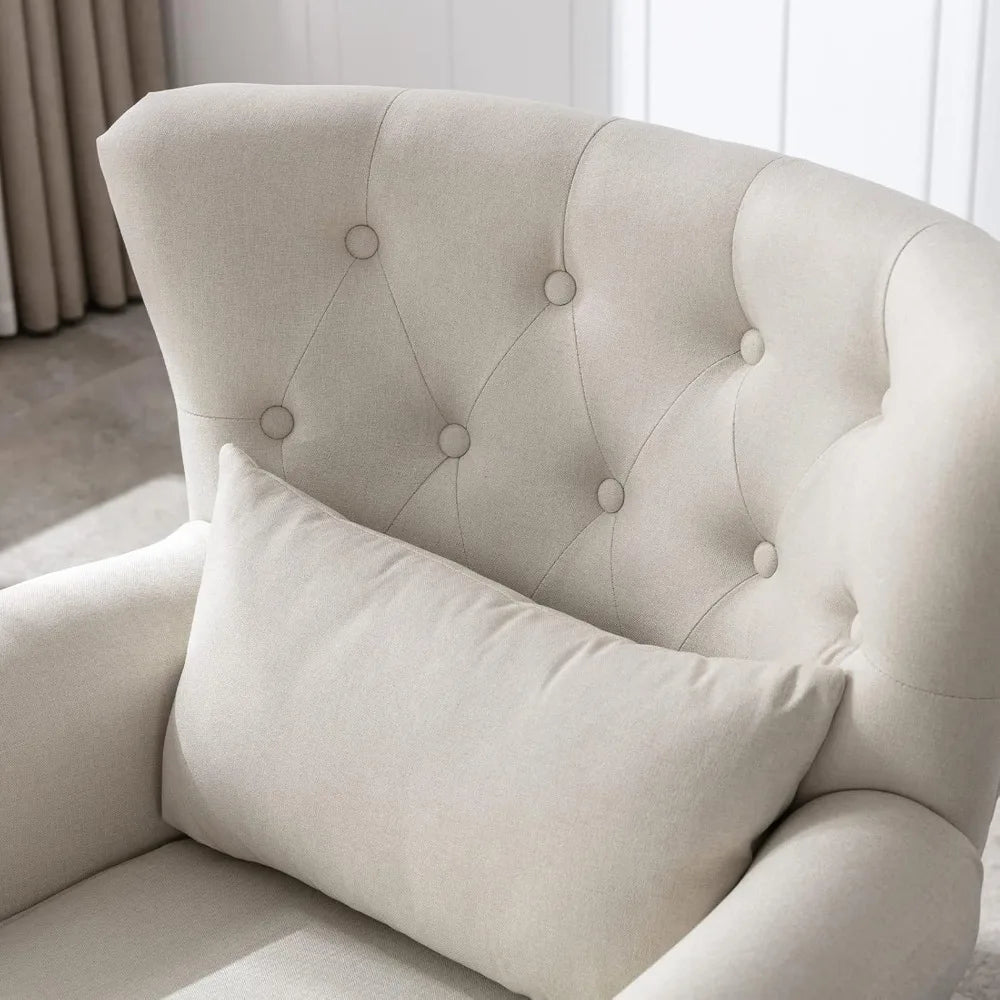 General Chair With Ottoman Wingback Tufted Linen Armchair