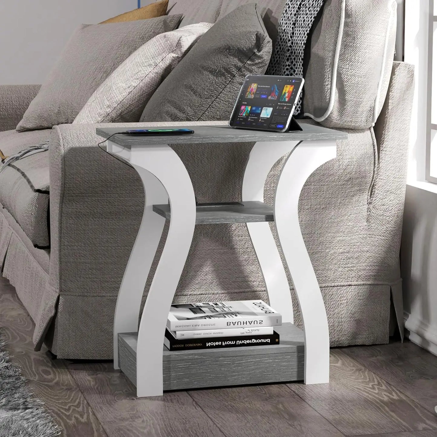 End Table Charging Station 3 Tier Nightstand Home Use