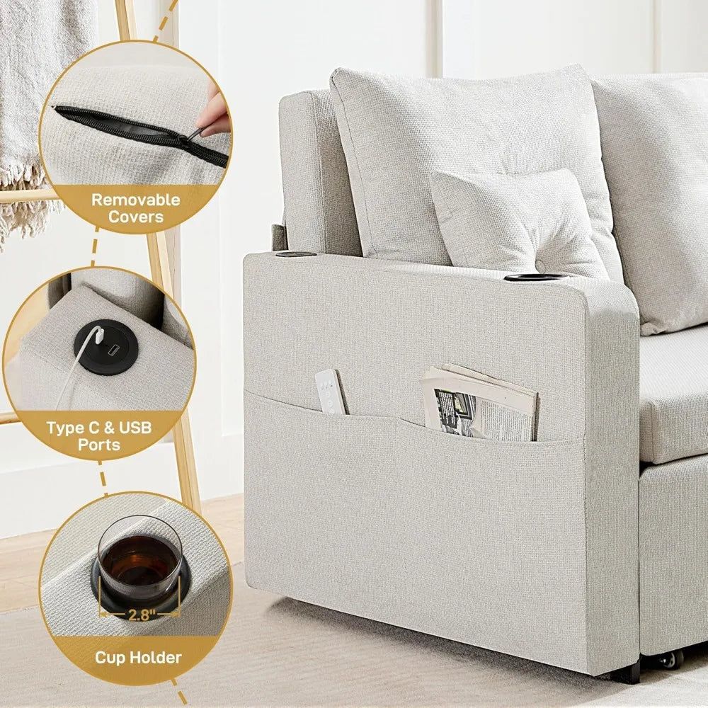 3 in 1 Convertible Sofa Bed with Storage Pocket and USB Comfy Loveseat