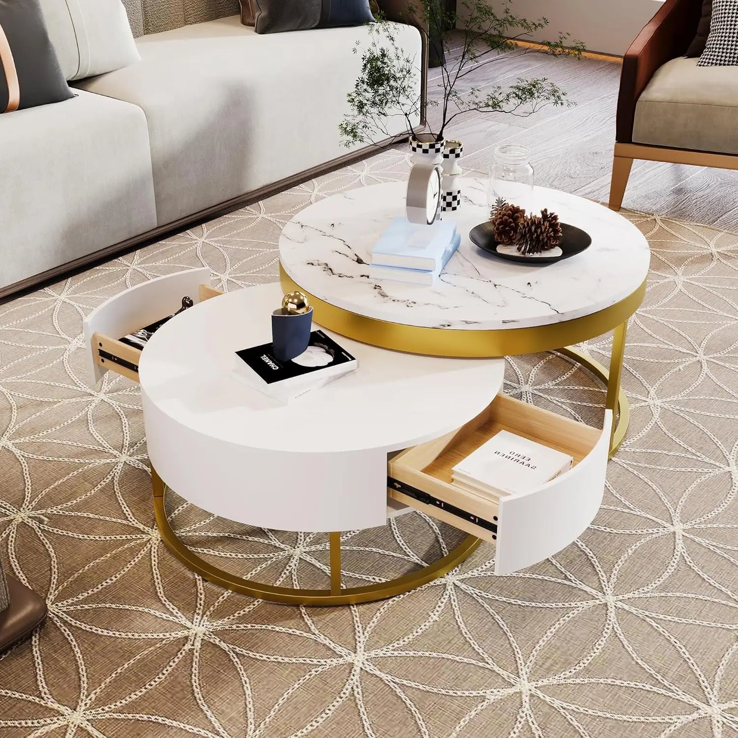 Modern Round Nesting Coffee Table with Drawers for Stylish Living Room Decor