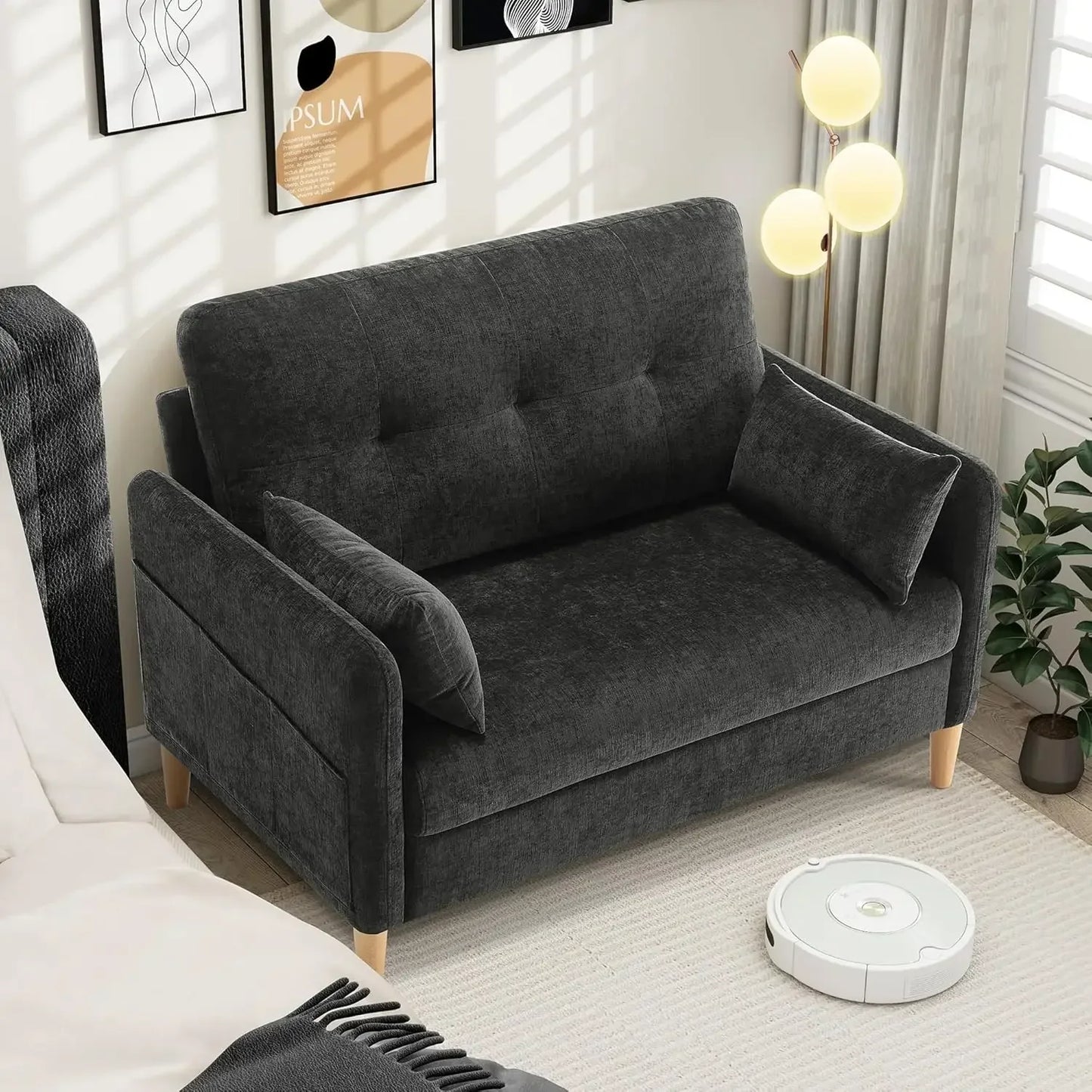 47 Inch Small Chenille Fabric Love Seat Sofa with Throw Pillow for Living Room