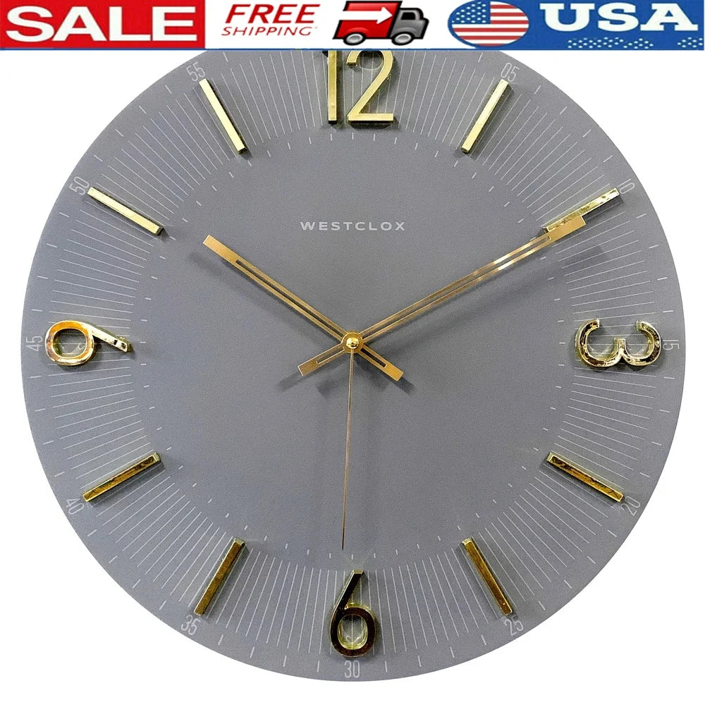 Contemporary 16 Inch Gray Analog Wall Clock with Gold Numbers for Home Decor