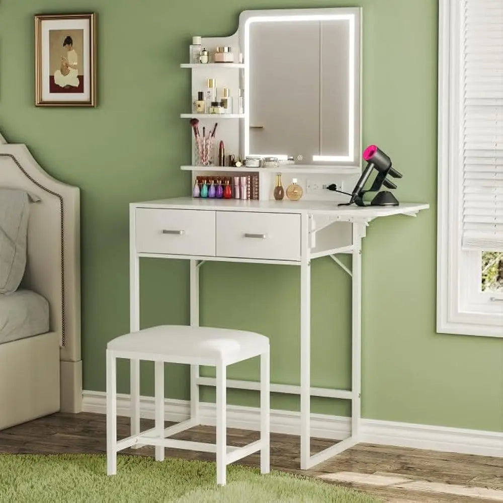 Makeup Vanity with Foldable Panel and Power Outlet