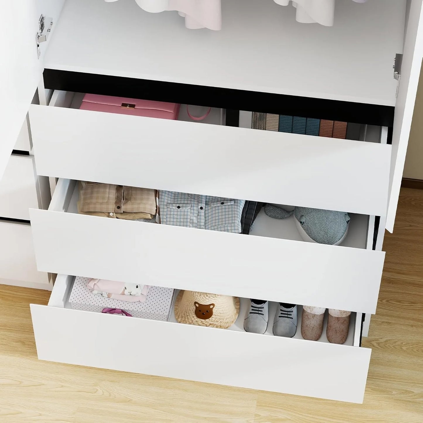 XIUWO Wood Wardrobe With Double Doors Hanging Rod Storage