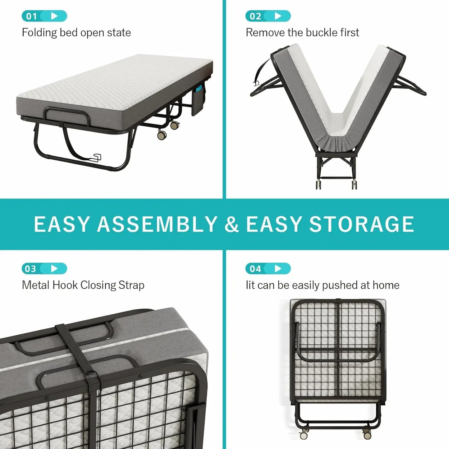 Foldable Rollaway Guest Bed With Memory Foam Mattress