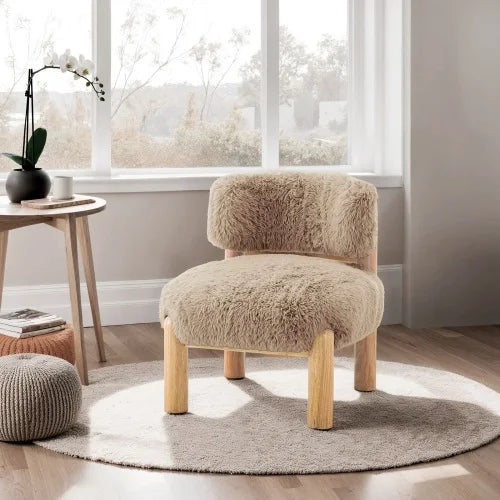 Mushroom Face Fur Fabric Accent Chair With Wooden Legs