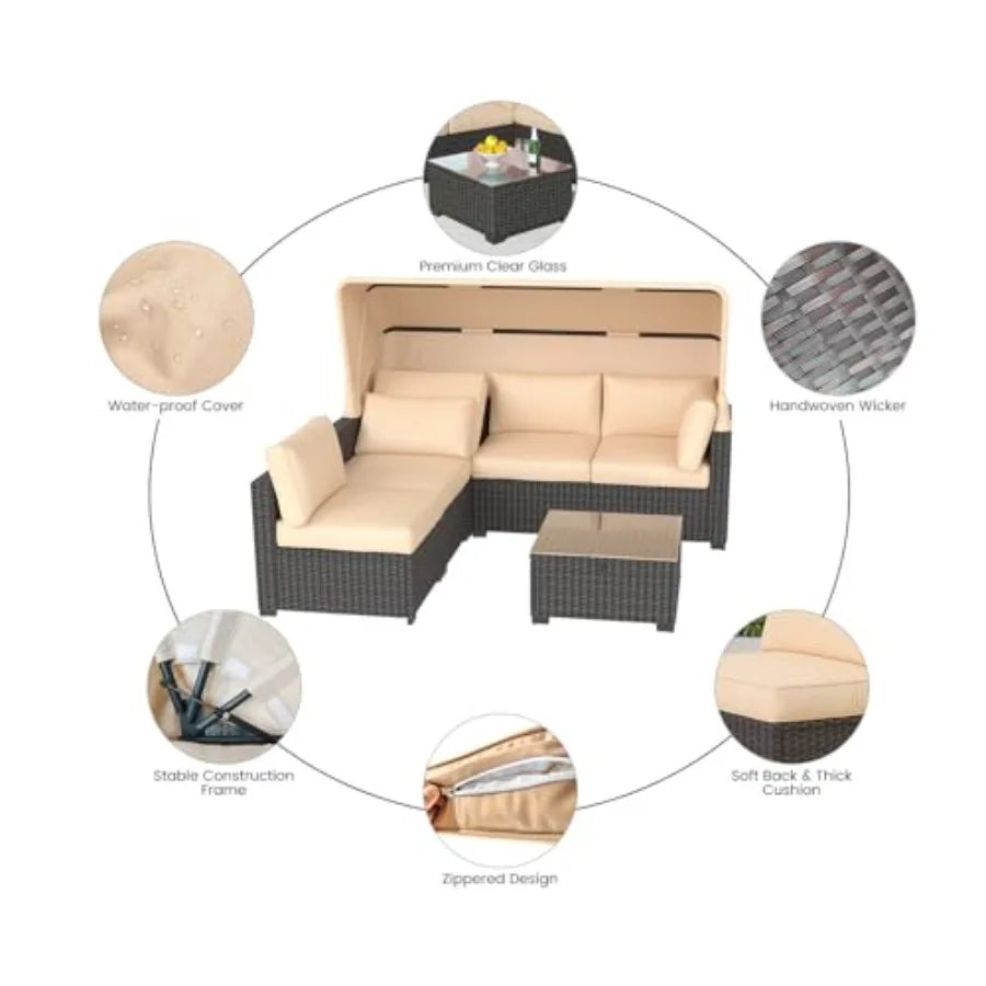OLOEY Patio Furniture Set Wicker Sofa With Retractable Canopy And Storage Table
