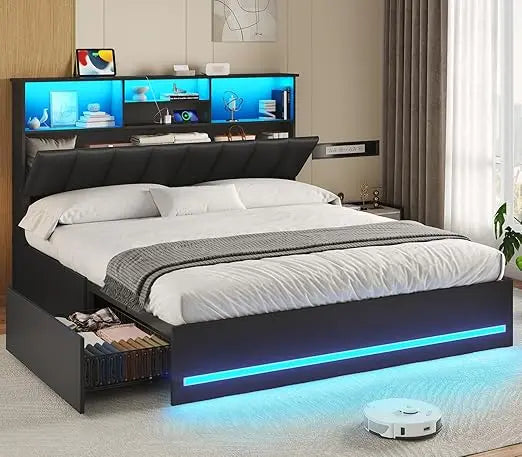 Bed Frame With Bookcase Headboard And Charging Station