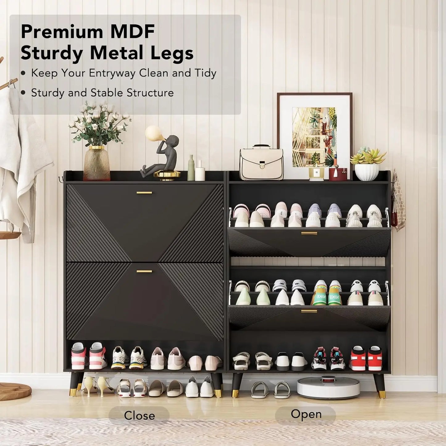 Shoe Cabinet for 24 Pairs Slim Freestanding Organizer with Flip Drawers and Hooks