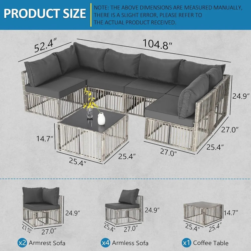 7 Piece Outdoor Wicker Patio Furniture Set with Adjustable Backrest Grey Cushions