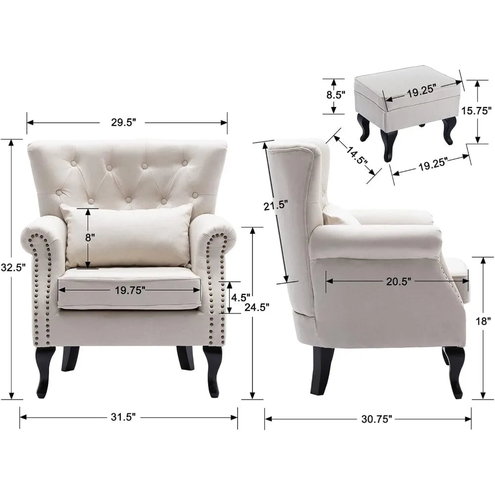 General Chair With Ottoman Wingback Tufted Linen Armchair