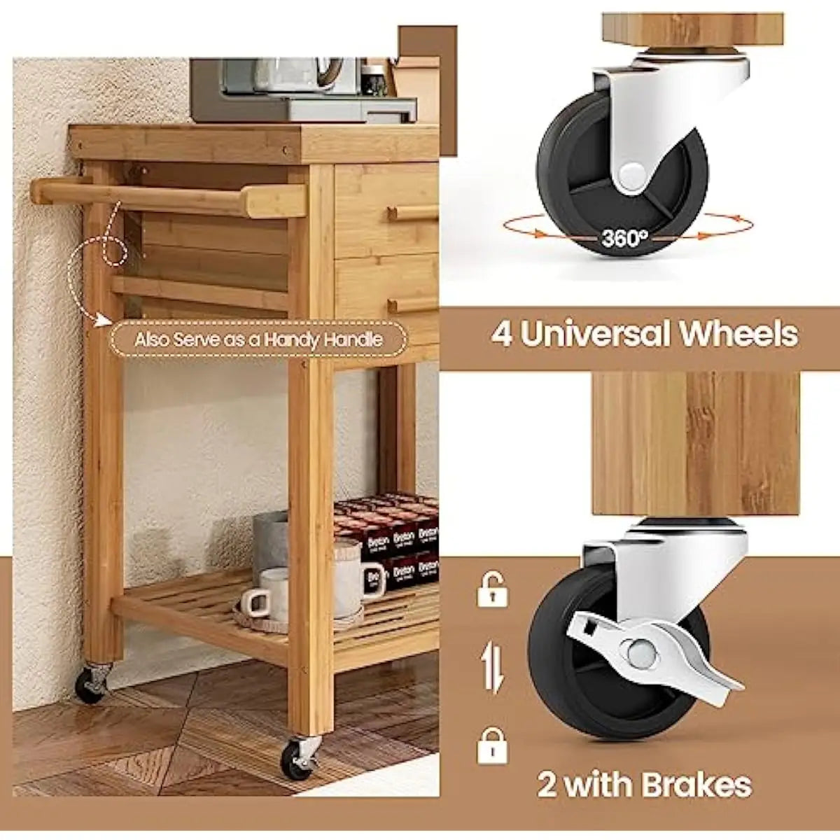 Bamboo Rolling Island Cart with Drawers and Braked Casters