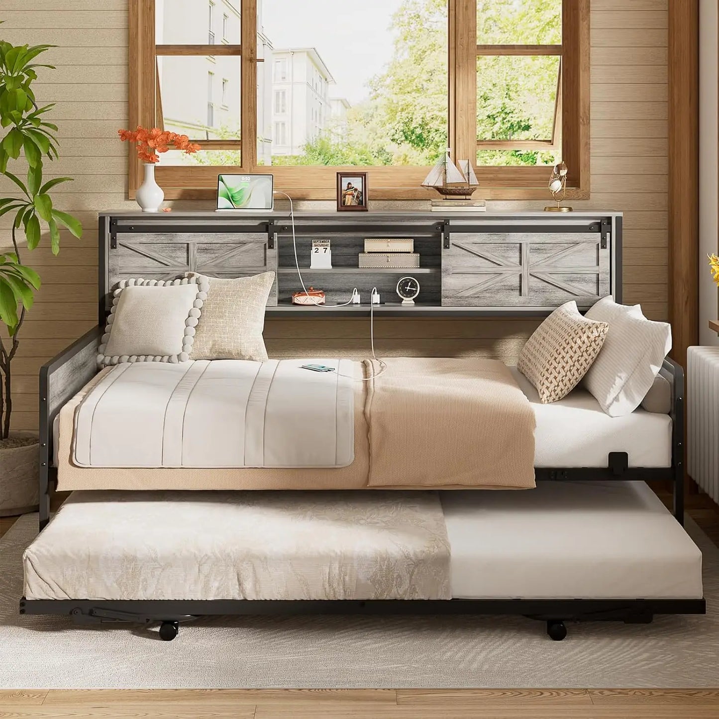 Folded Daybed With Pop Up Trundle And Bookcase Headboard