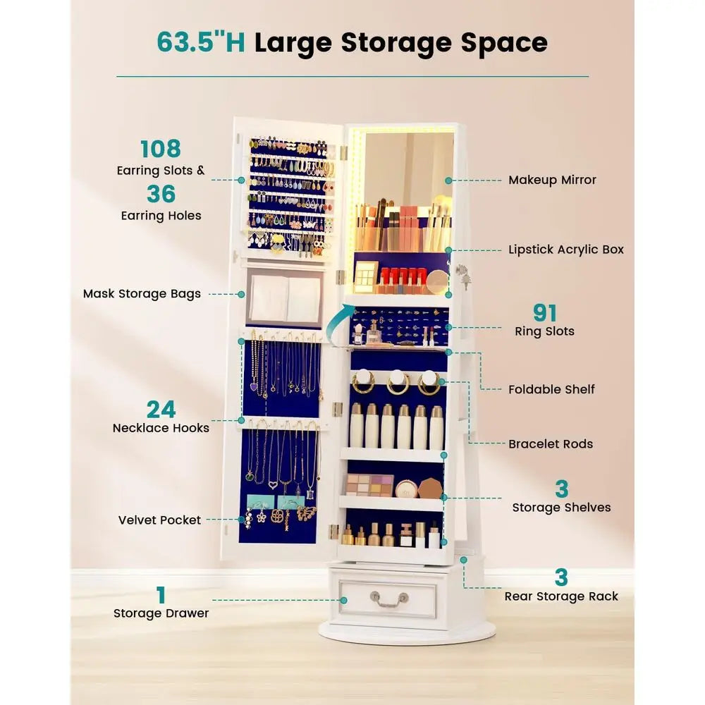 360 Degree Swivel Lockable Jewelry Armoire With Led Lights