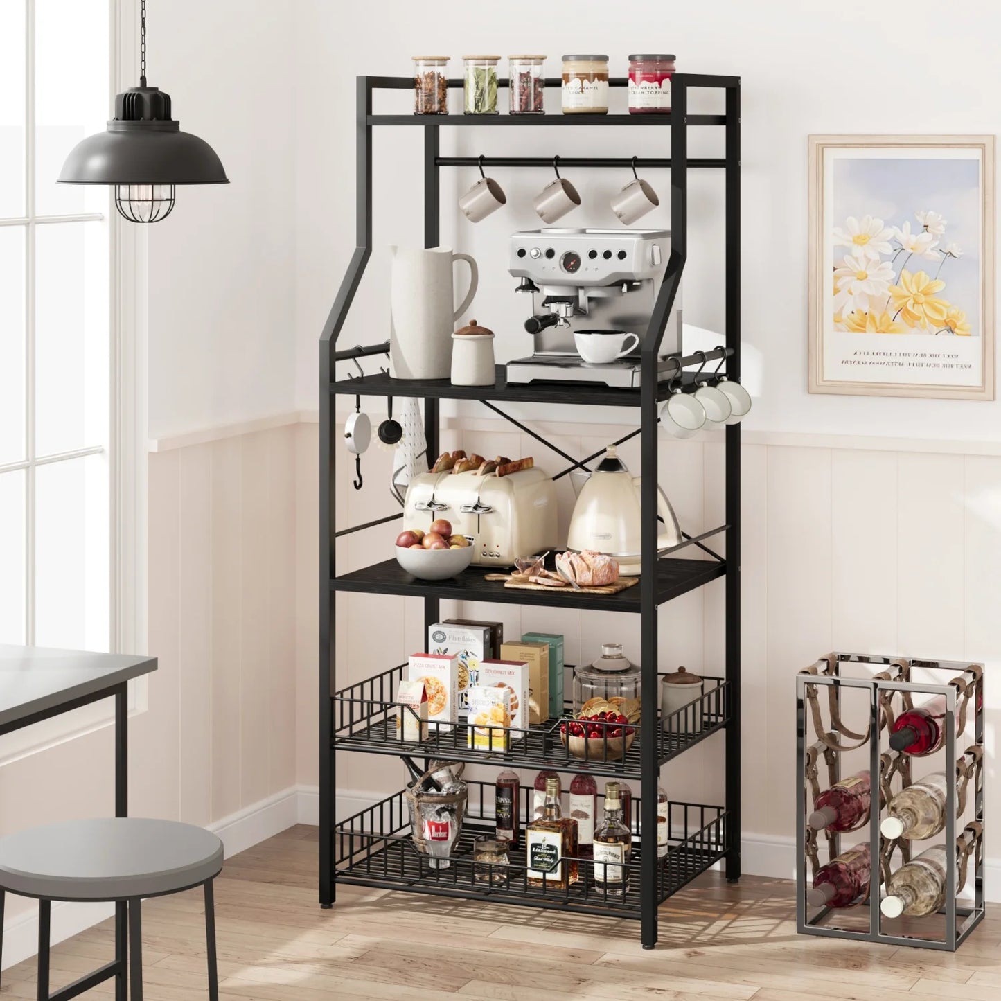 HiMISSH Kitchen Bakers Rack Microwave Stand With Baskets