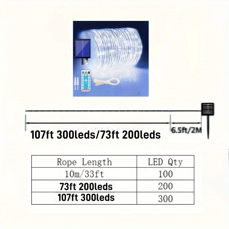 Solar Waterproof Rope Lights 107ft 300LEDs 8 Modes Outdoor Garden Christmas Lights