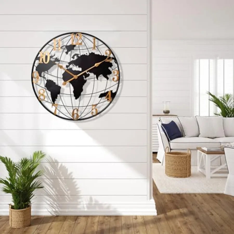 World Map Wall Clock Metal Minimalist Modern Silent Battery