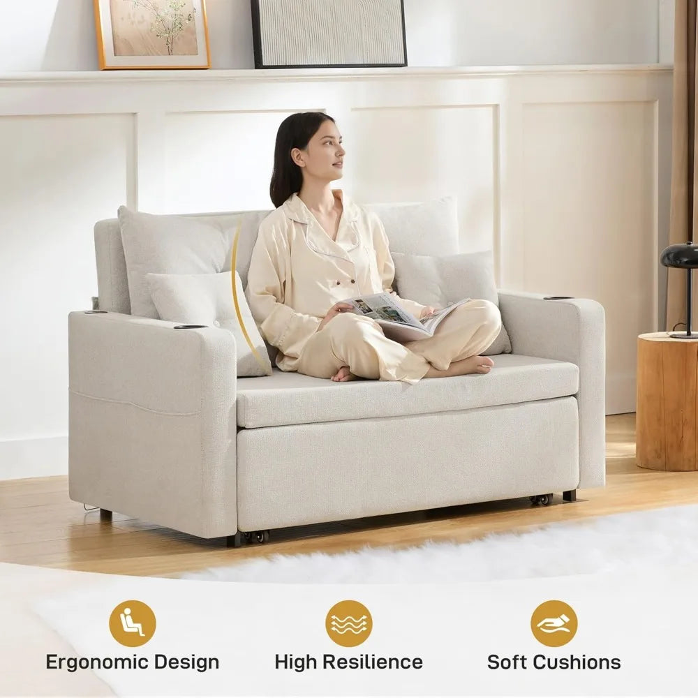 3 in 1 Convertible Sofa Bed with Storage Pocket and USB Comfy Loveseat