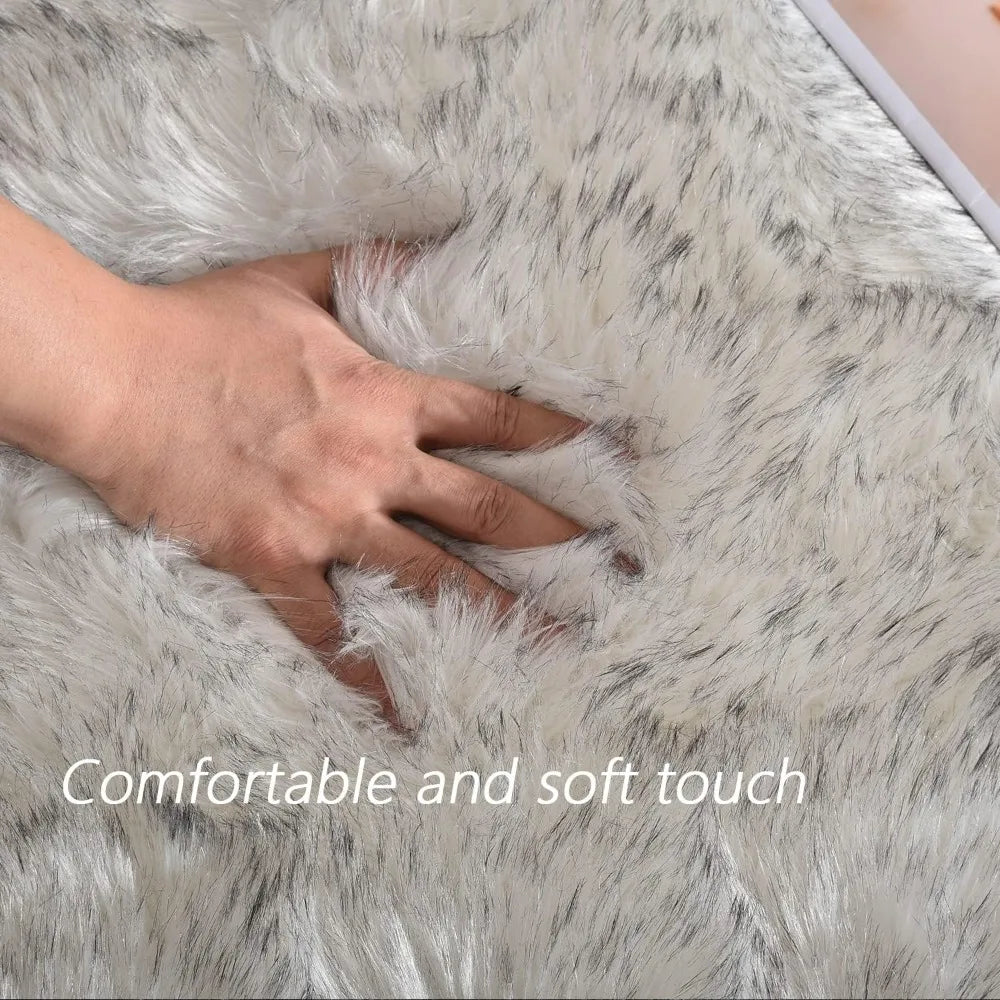 White and Grey Faux Sheepskin Fur Rug 8x10 Washable Luxury Living Room Decor