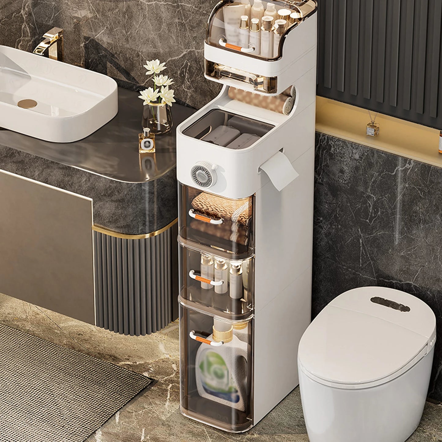 Narrow Bathroom Floor Storage Cabinet with Wheels