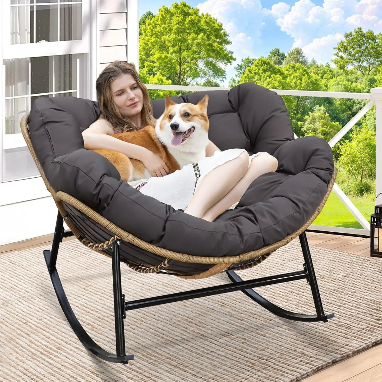 Oversized Rocking Egg Chair with Water Resistant Cushion for Indoor Outdoor Use