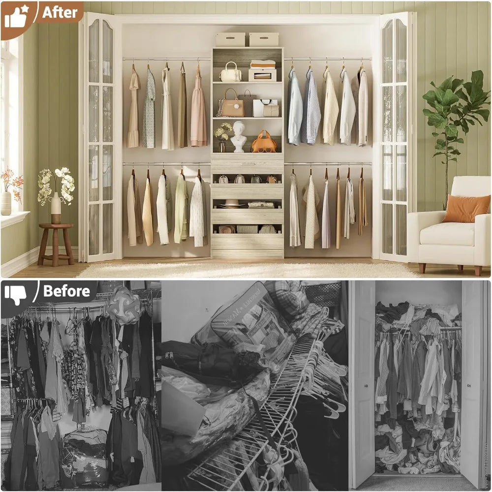 4-9Ft White Oak Closet Organizer System with 4 Wooden Drawers and Tower