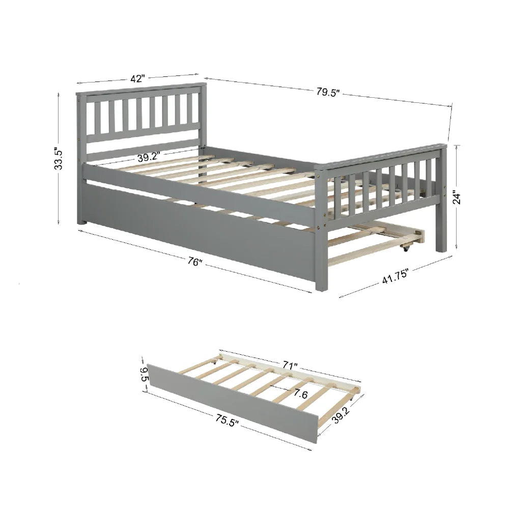 Twin Trundle Bed, Platform Frame With Headboard And Footboard