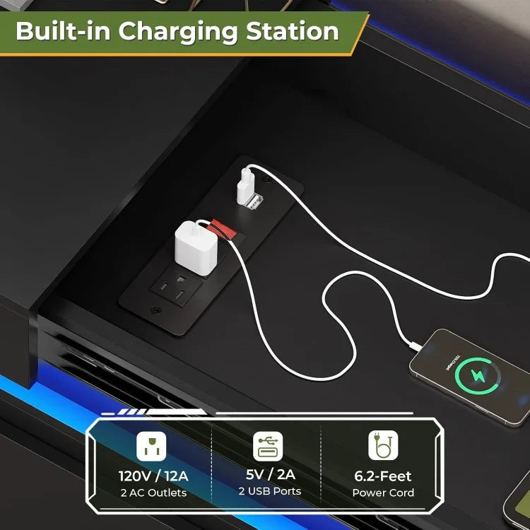High-concerned Modern 6 Drawer Dresser With Sliding Desktop Charging Station LED Lights
