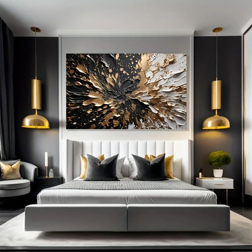 Modern Abstract Black Gold Ink Splash Wall Mural with Solid Wood Frame