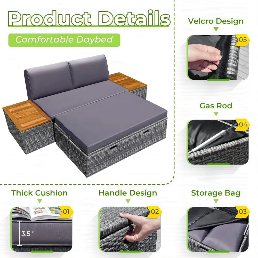 Outdoor Daybed Set Wicker Lounge Furniture With Cushions