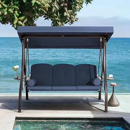 3 Person Outdoor Porch Swing Bed with Adjustable Canopy and Deep Cup Holder