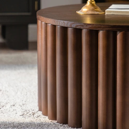 Handcrafted Round Lift Top Coffee Table With Relief Pedestal
