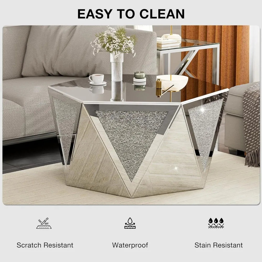 Mirrored Crushed Diamond Coffee Table Hexagon Silver