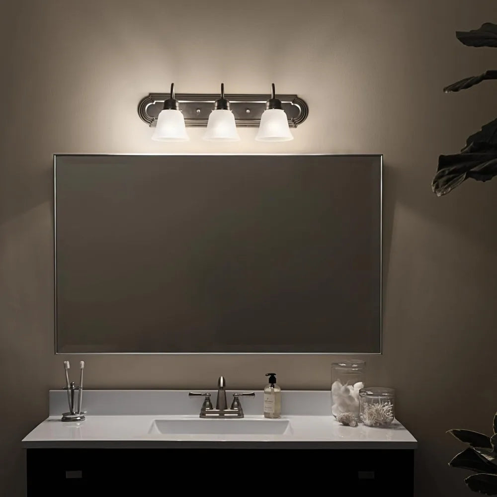Modern 3-Light Vanity Bath Light in Brushed Nickel with Satin Etched Glass
