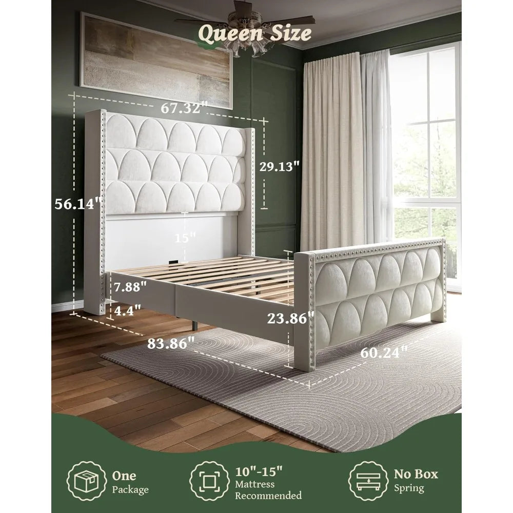 Queen Size Velvet Upholstered Wingback Bed Frame with 56 Inch Headboard