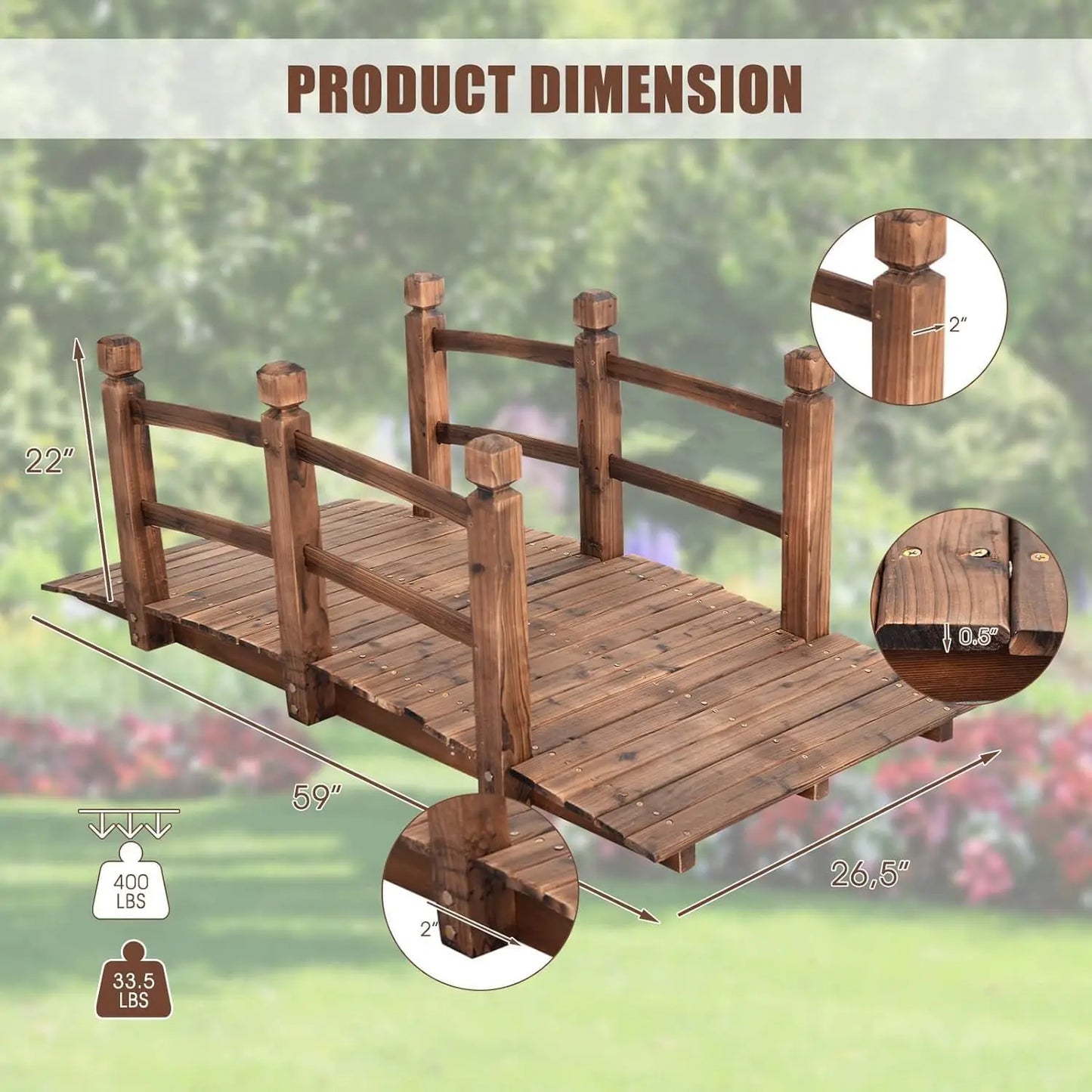 Wooden Garden Bridge With Railings For Outdoor Use