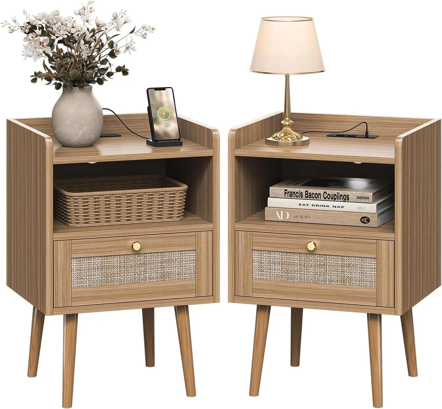 XIUWO Boho Nightstand Set With Charging Station Wood Legs