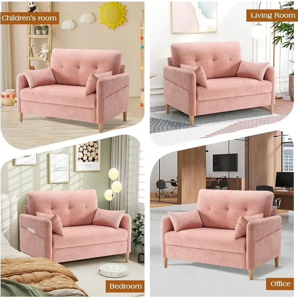 47 Inch Small Chenille Fabric Love Seat Sofa with Throw Pillow for Living Room
