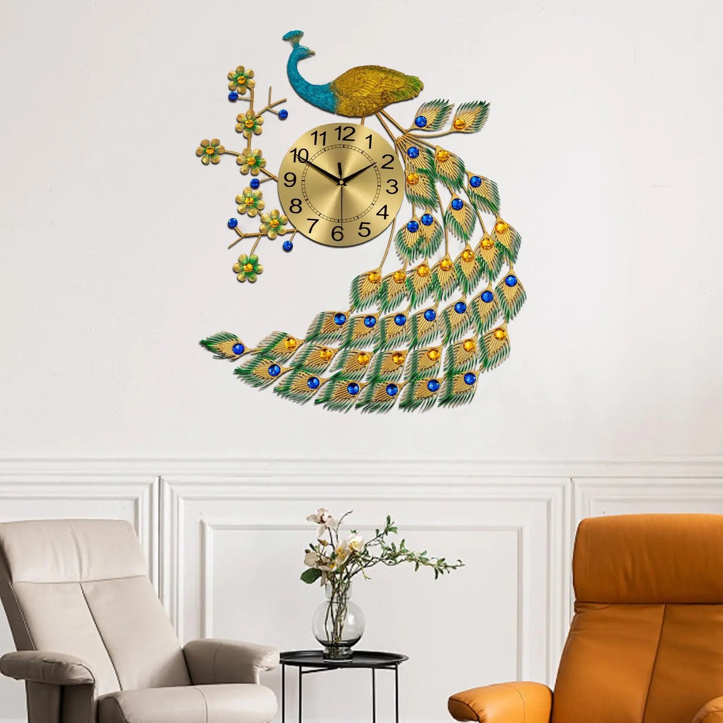 Feature Peacock Wall Clock Luxury Silent 3D Living Room