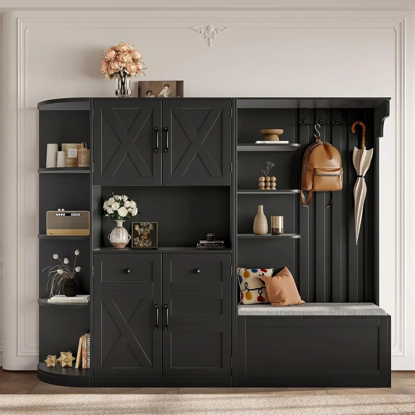 Hall Tree Storage Bench With Hooks And Shoe Organizer Cabinet Mudroom Furniture